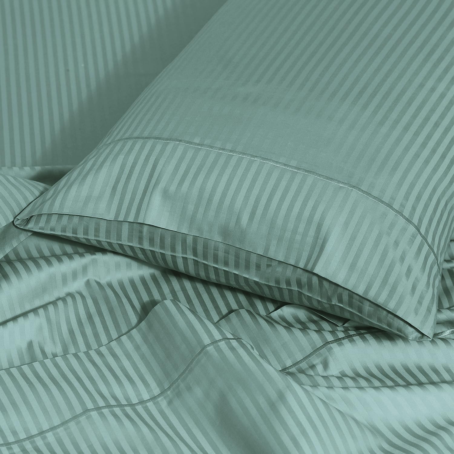 Feather & Stitch 100% Cotton King Pillow Covers Set of 2, 500TC Envelope Closure Pillowcases, Soft Luxury Damask Stripe Sateen Weave Pillow Case for Sleeping, 20x40 Inches - Granite Green Stripe