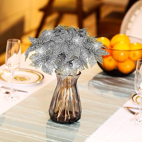 Vista 54 de 24 piezas de adorno de árbol de Navidad de Nochebuena con brillantina. Adorno de decoración de flores de Navidad. 3, 4 y 6 pulgadas / 7.62, 10.16