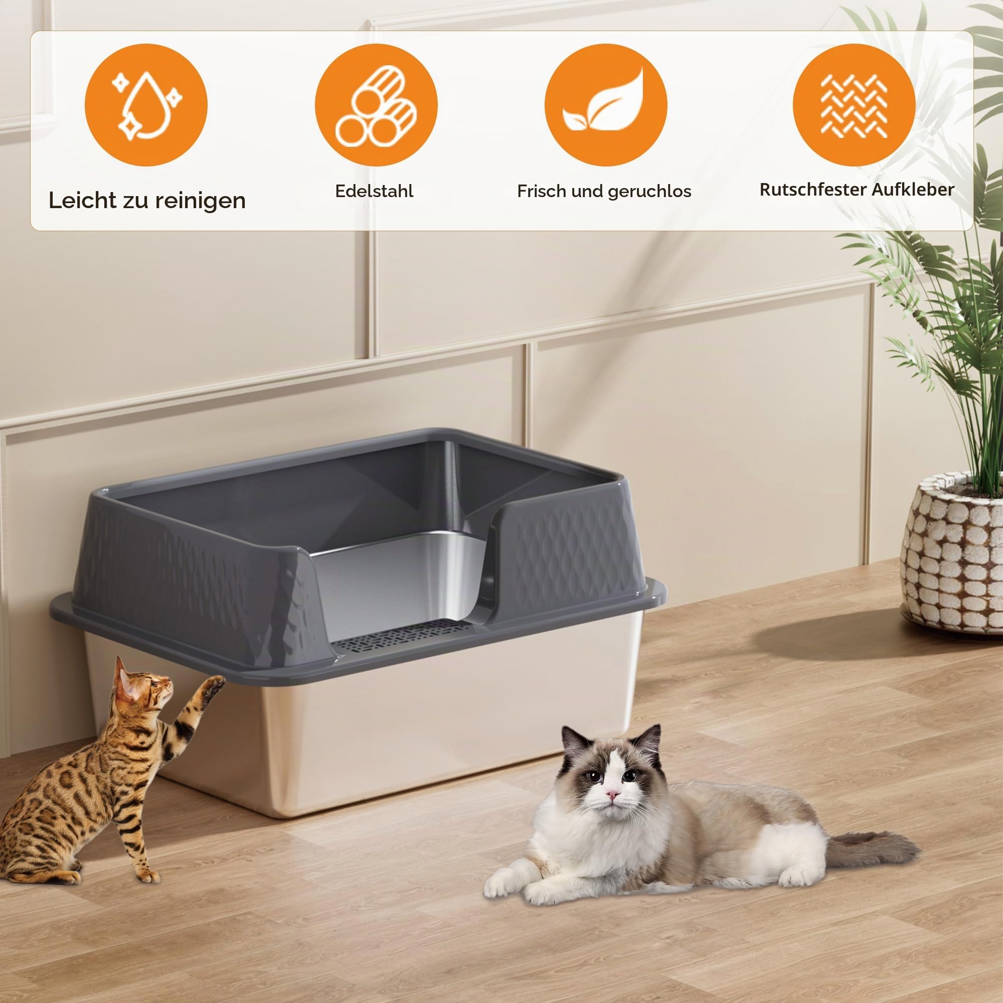 Vealind Katzenklo Edelstahl mit Deckel Groß Katzentoilette Metall Katzenklo Hoher Rand Offen Katzentoiletten Große Katzen Cat Litter Box