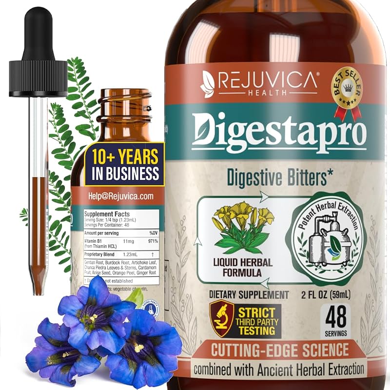Rejuvica Health DigestaPro - Suplemento fitoterápico líquido de genciana, bardana, alcachofra, quebra-pedra, cardamomo, semente de anis e gengibre - 60 mL