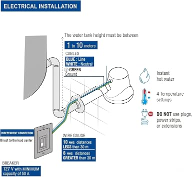 Foset 14.5cm Electric Shower Head (Model 45155 / REGEL-4A) | Blue, 4-Temperature Level Instant Hot Water Heater Head, Polypropylene Body with Mounting Arm and PVC Hose, Eco-Friendly