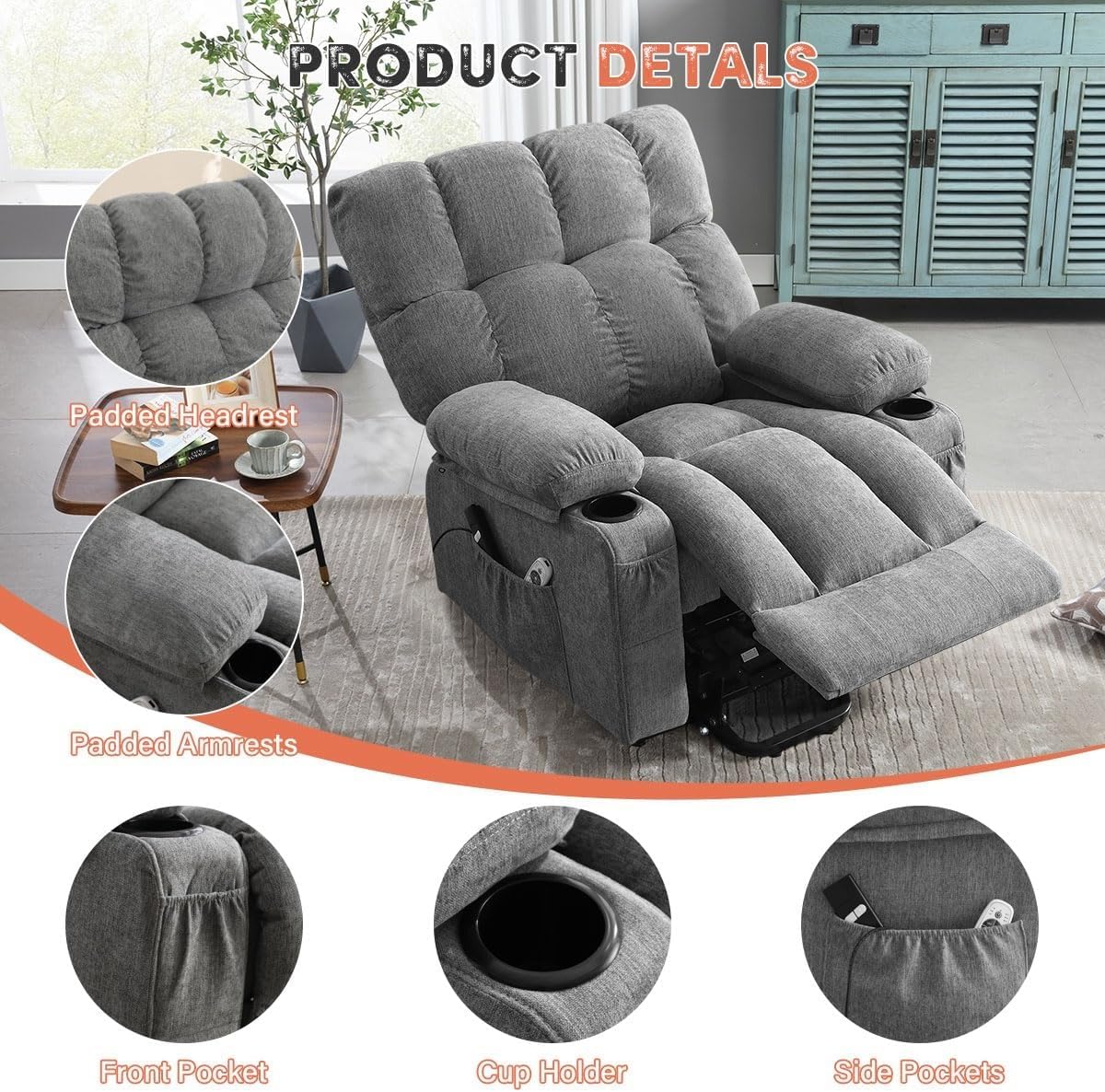Extended Footrest Living Room Electric Recliner Single Sofa for Elderly with Massage and Heat Power Lift Recliner Chair with Two Cup Holders Side Pocket and USB Charge Port