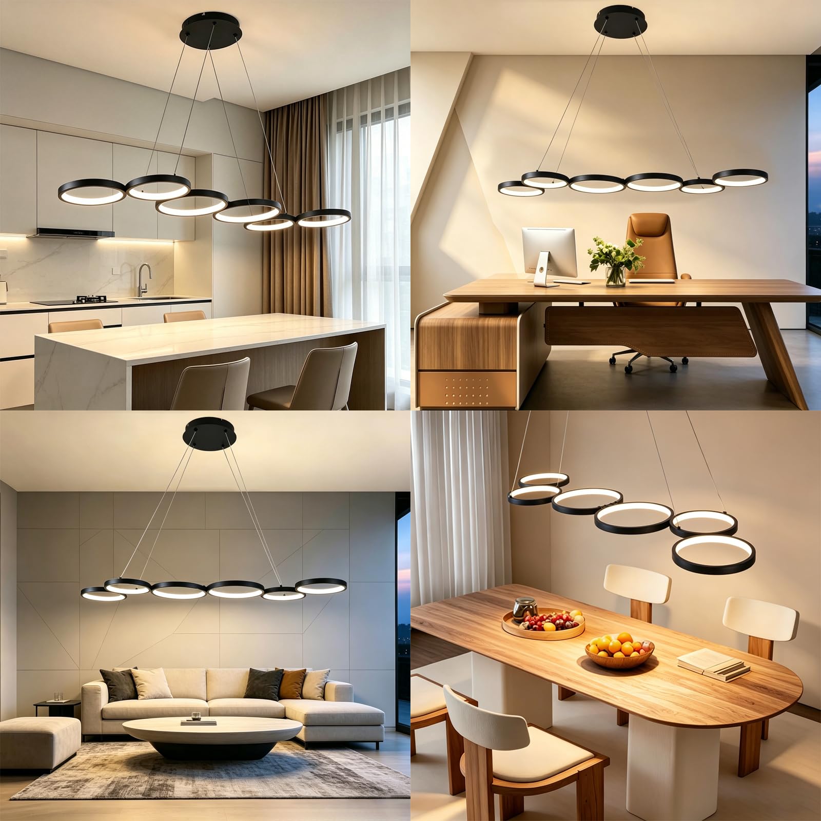 Lampada a Sospensione LED Dimmerabile 113cm 69W Nero | Lampadario Moderno Design a 6 Anelli con Telecomando, Altezza Regolabile Lampada Sospesa per Tavolo da Pranzo, Soggiorno