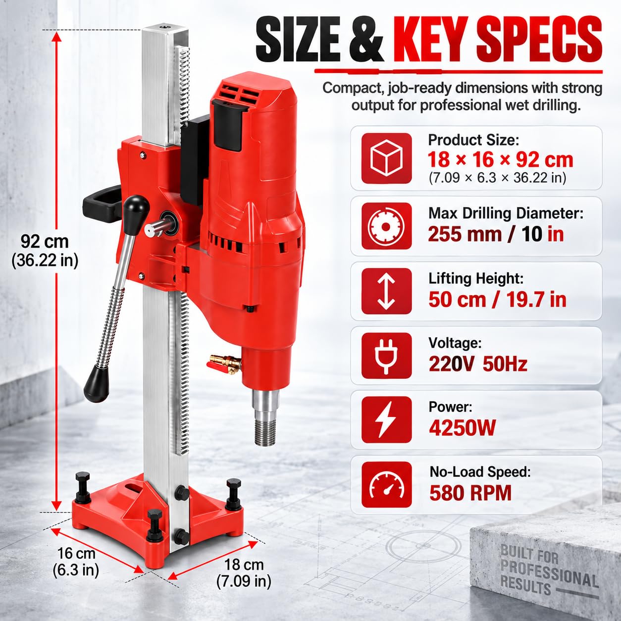 Carotteuse à Diamant Forage De Carottage Pour Béton 4250W Machine De Carottage à Diamant 580rpm Diamètre Maximum 255mm Profondeur Réglable,Pour Forage Humide, Béton Armé Et Murs