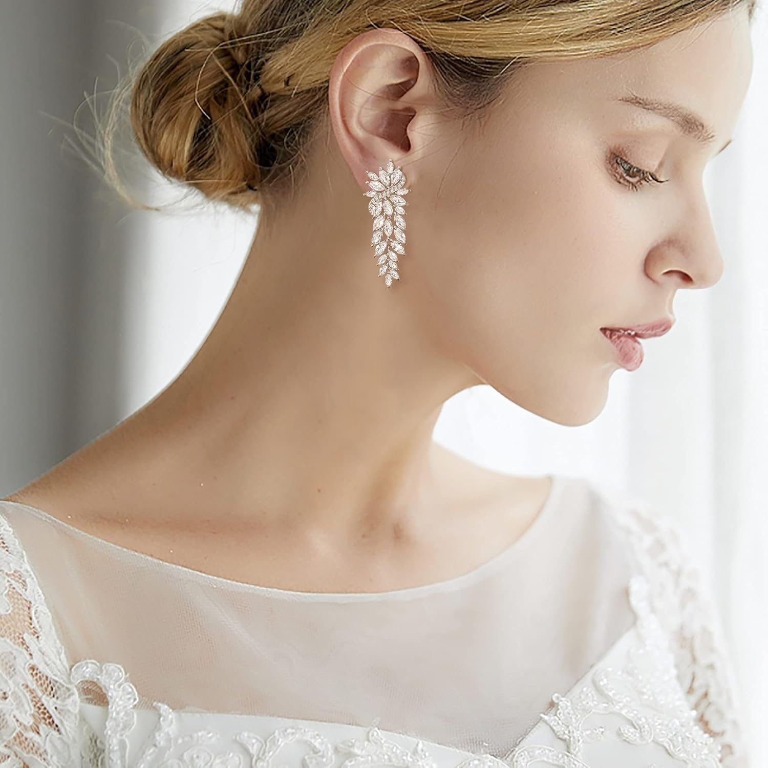 Crysdue Women's Wedding Drop Cluster Dangle Earrings for Brides Bridesmaid, Bridal Cubic Zirconia Jewelry for Prom Pageant Anniversary - Image 3
