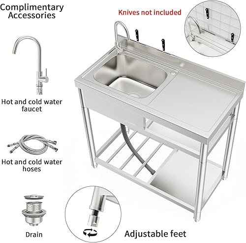 Miniatura 3 de ROOMTEC Juego de fregadero de acero inoxidable 304, fregadero de cocina de restaurante comercial, fregadero al aire libre con banco de trabajo y