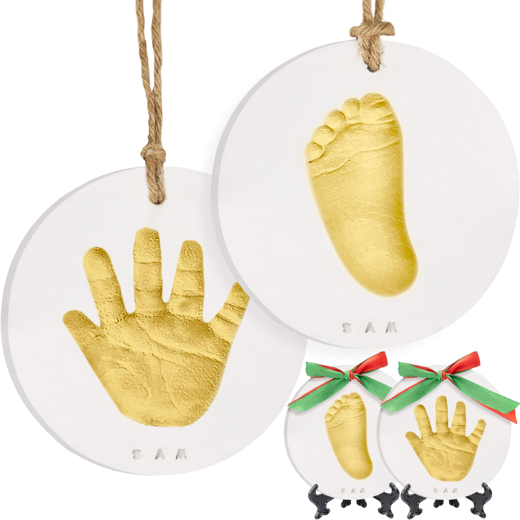 Baby Hand and Footprint Kit Girls, Boys - Personalized Baby’s First Christmas Ornament Kit, Newborn Gifts for New Mom, Cute Shower Gifts for Mother's Day,Easy to Use Handprint Ornaments(Gold Paint)