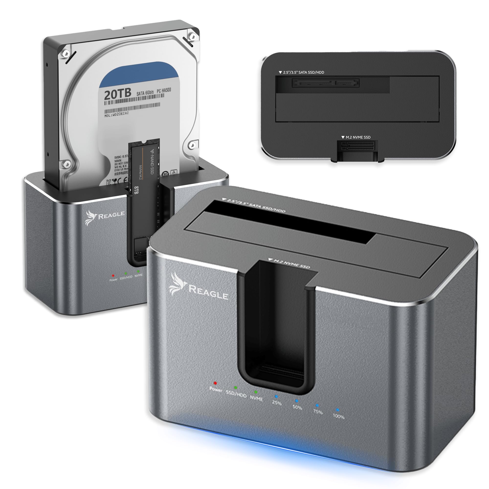 Reagle Stacja Dokująca Dysku SSD HDD SATA 2.5 3.5 NVMe M.2 USB C, USB 3.2 Gen2 10 Gb/s, 28TB, Adapter Klonowanie Offline Dual Szybki Transfer Kompatybilna z PC Laptop Mac Linux