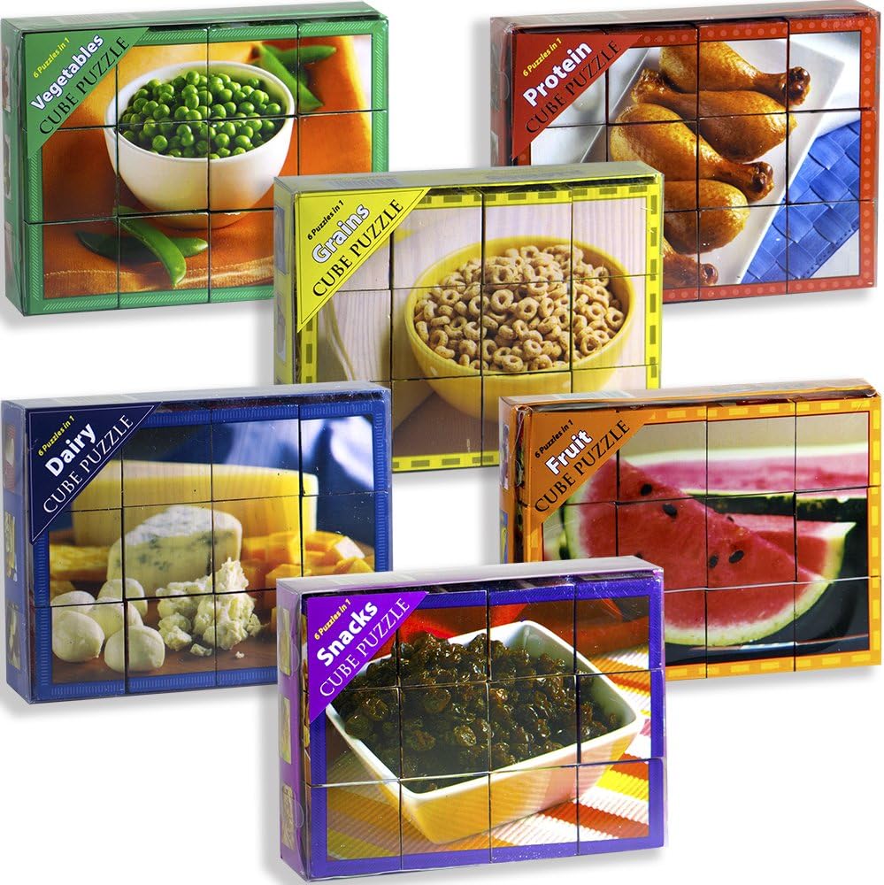 Stages Learning Food Group Wooden Cube Set of 6 Language Builder Preschool Puzzle (36 Piece), Multicolor