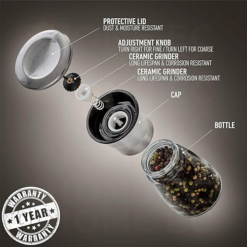 Miniatura 6 de Home EC Juego de 2 molinillos de sal marina y pimienta de acero inoxidable originales, de cerámica ajustable, salero y pimentero de cristal, Vidrio