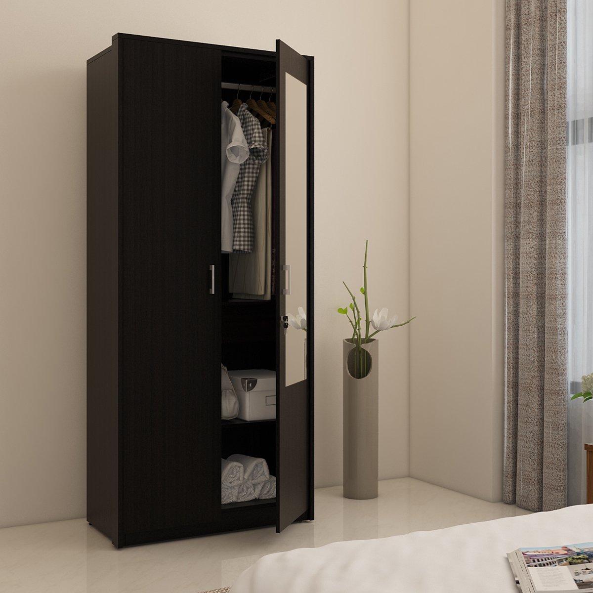 Spacewood Apex Wardrobe | 3 Year Warranty | Almirah, Cupboard, Almari, 2 Door Wardrobe with Mirror, 1 Drawer (1 Lock Drawer) and 1 Hanging Space|Engineered Wood| Natural Wenge-image-17