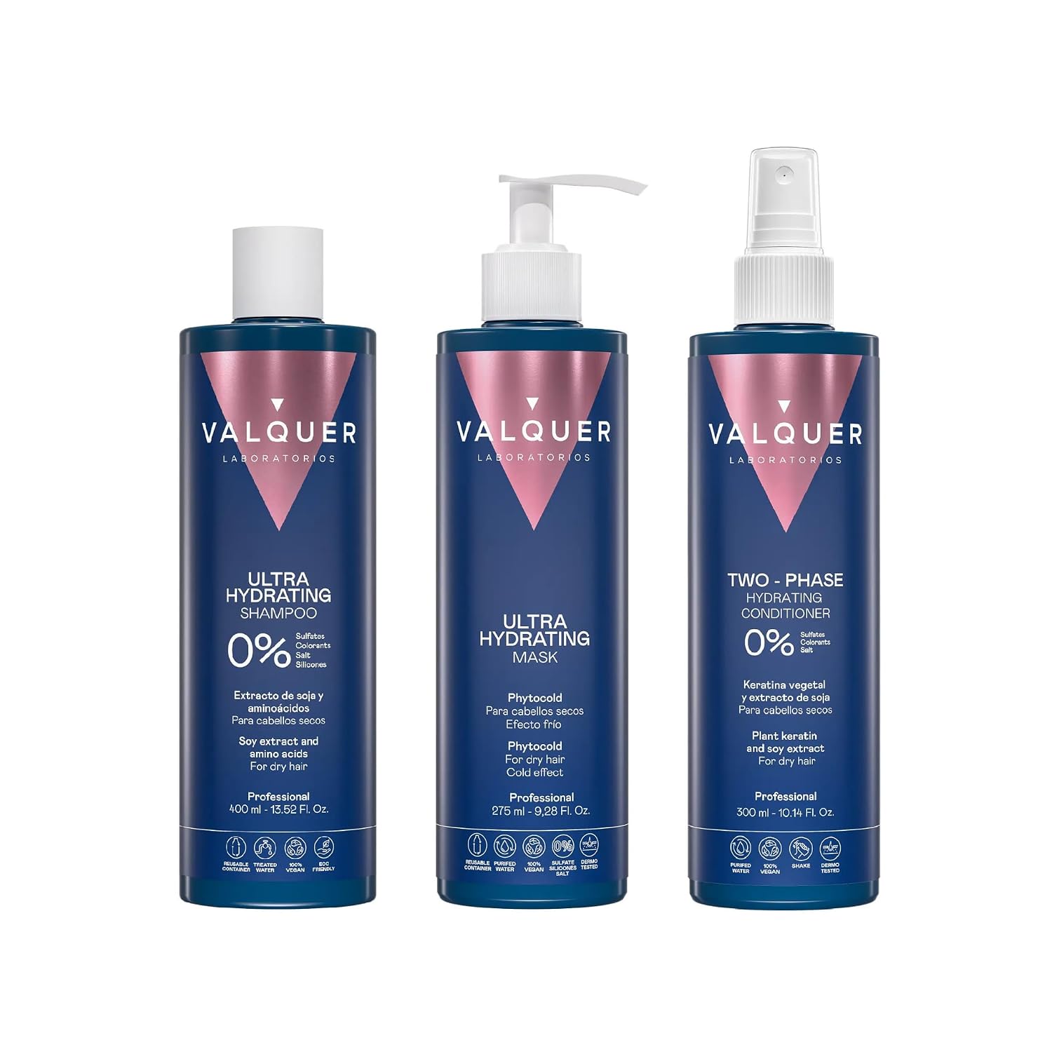 Valquer Moisturising Pack Shampoo Hair Mask and Conditioner 400 ml + 275 ml + 300 ml. Repairs and nourishes dry hair and gives it shine vitality and softness. Vegan