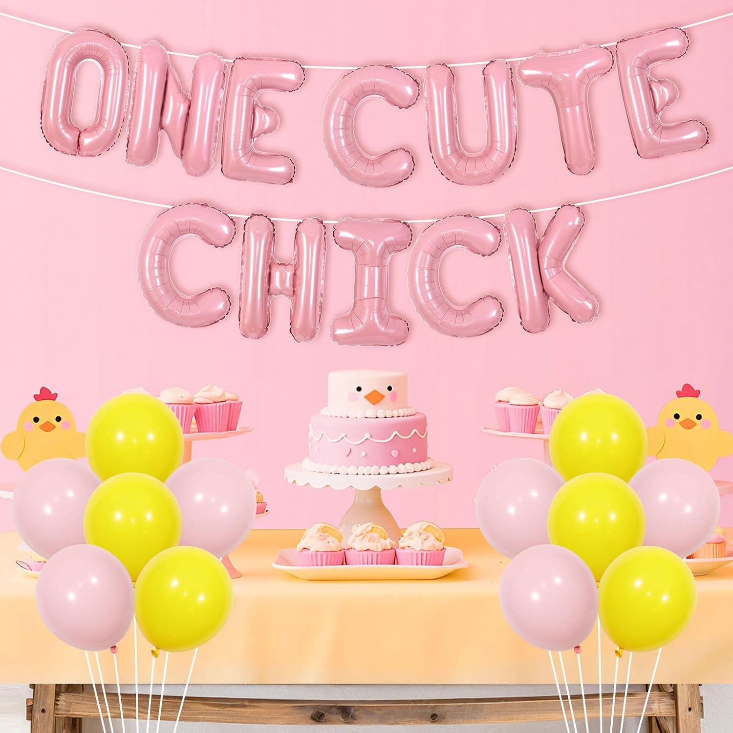 Chick Themed 1st Birthday Party Decor One Cute Chick Birthday Decor Balloon Banner This Chick Is One Balloon Yellow Pink Barnyard Farm Animal Birthday Party Decor for Girl First Birthday image 3