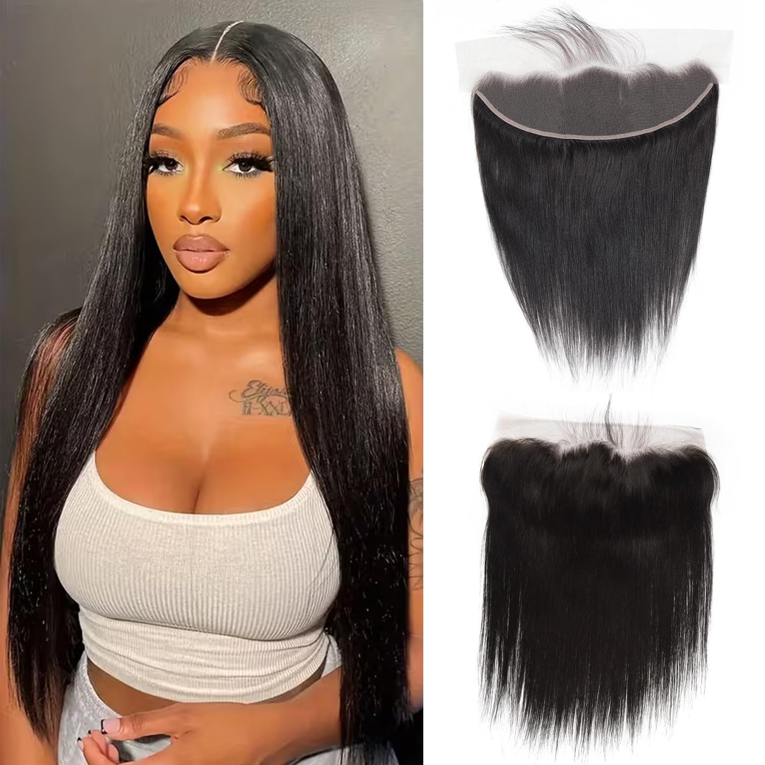 13x4 Lace Frontal Closure Brazilian Virgin Human Hair Pre Plucked HD Transparent Straight Frontal Lace Closure 150% Density Ear to Ear Hair Extensions Natural Black (18 Inch)
