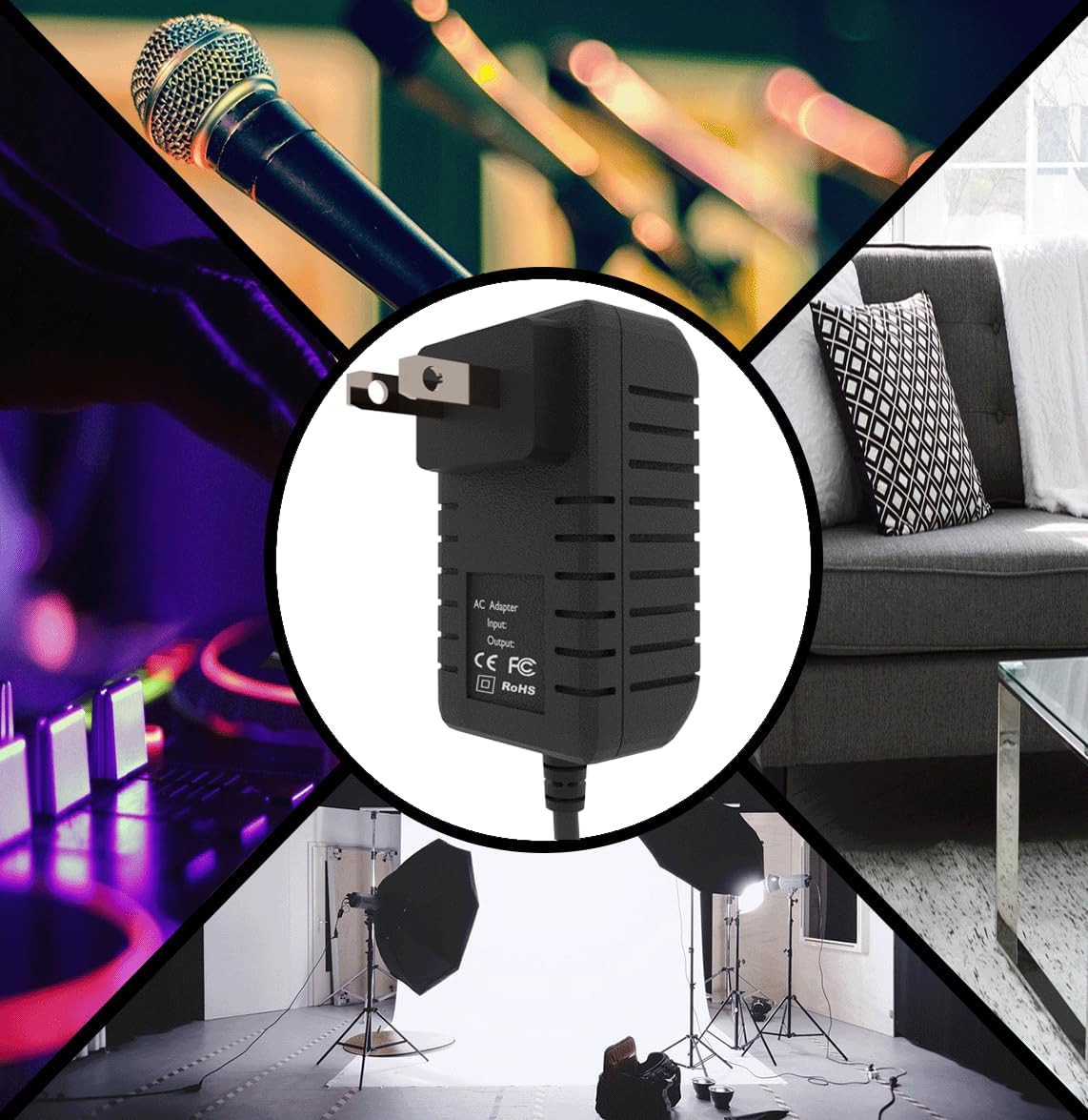 Rsqqact AC-DC Adapter in a collage of various electronic devices