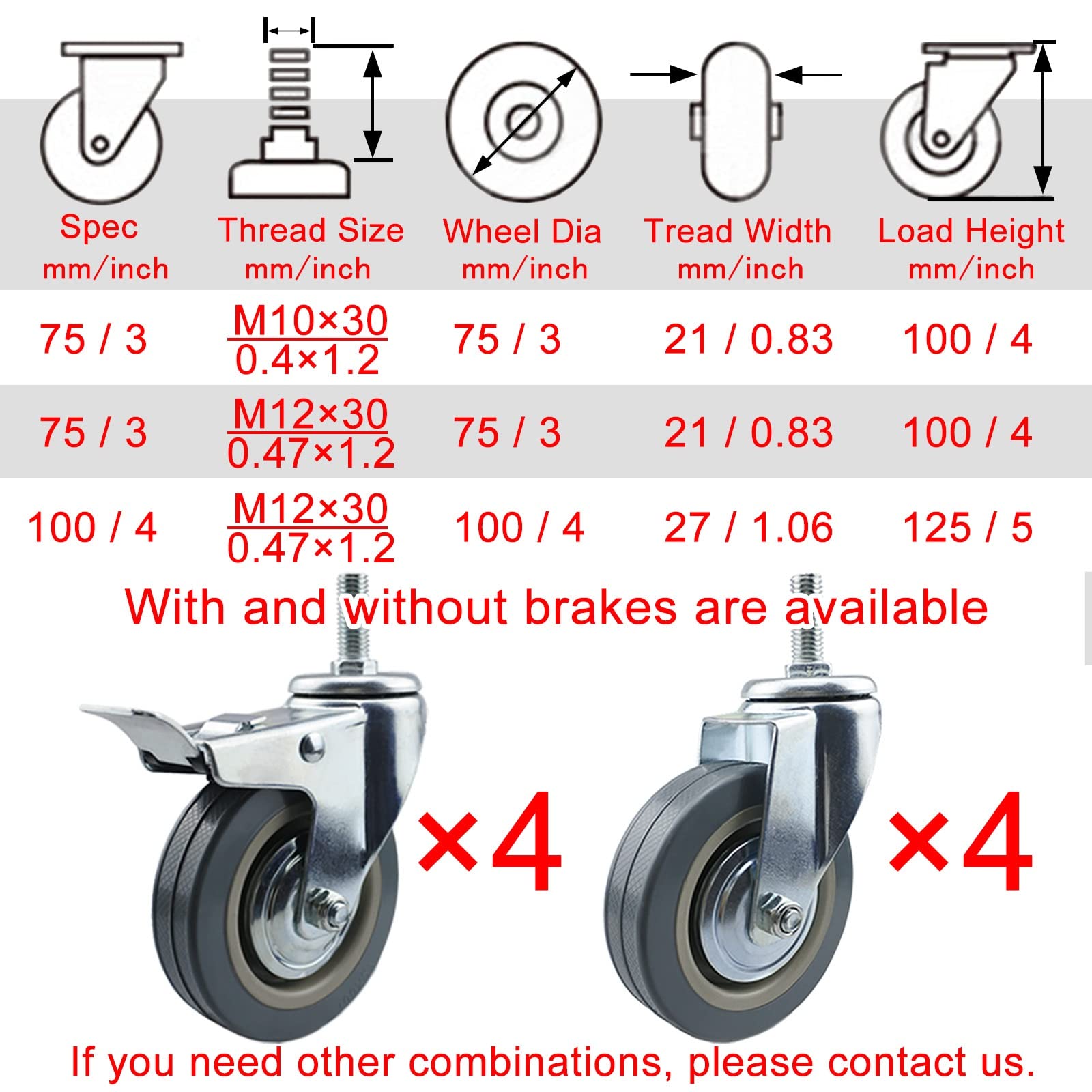 4pcs 75mm 100mm koła skrętne z Dubler Blokada Hamulec M10 M12 trzpień gwintowany do dużych obciążeń Zamienny do Hand Trucks Meble Work Tables