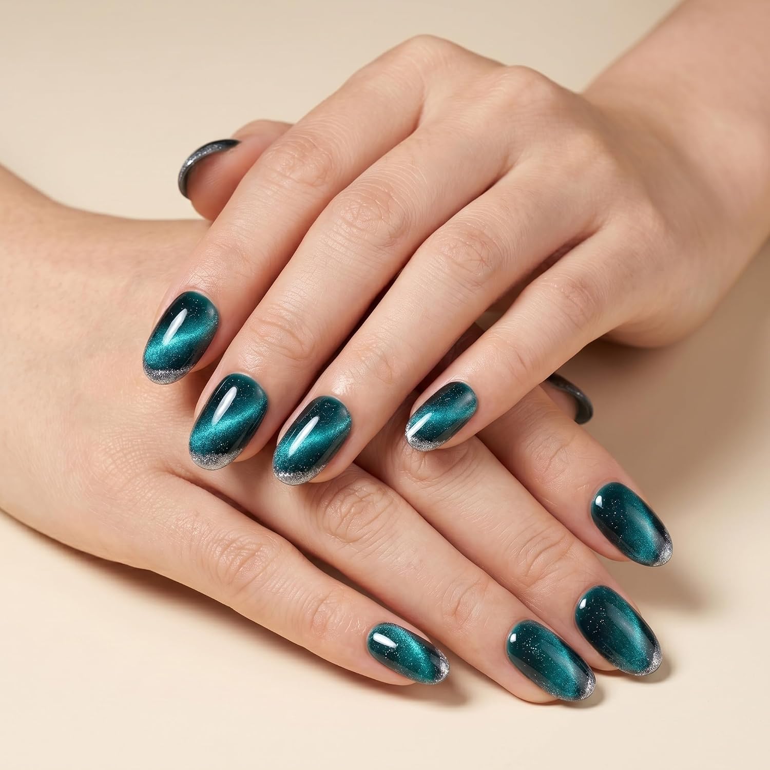 Sun&Beam Nails Handmade Short Round Green False Nail Tips with Cute Magnetic Popular Charm Design Press On Nails 10 Pcs (#036 XS) image 3