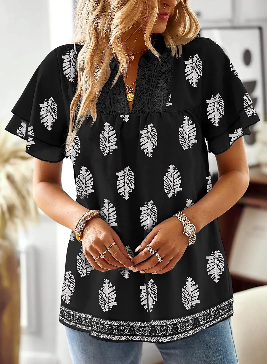  Womens Tops Boho Flowy Shirts Dressy Casual Short Sleeve Blouses | V Neck Loose Fit Blouses, Business Work, Hide Tummy, Lace Ladies Summer Outfits, Swiss Dot, Babydoll Crochet Clothes XS-6XL thumbnail
