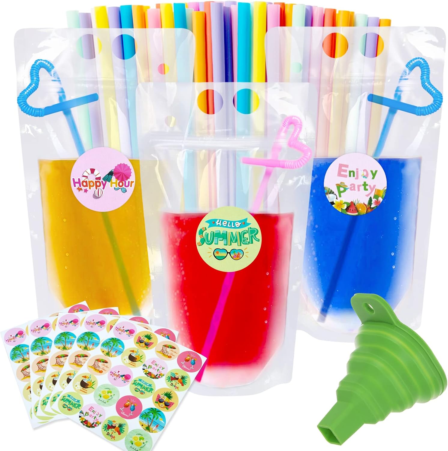 100 Pcs Drink Pouches for Adults Stand-Up Juice Pouches, Hand-Held Reclosable Drink Bags Plastic Zipper Juice Bags with Straws Silicone Funnel(Come with 100 Pcs Round Stickers)