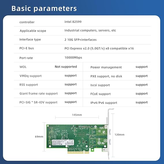 PCI-E X8 10G Dual SFP+ Port Fiber Optic Network Card, X520-DA2 with Intel 82599 Chip Ethernet Adapter Server E10G42BF Support Windows Server/Linux/VMware