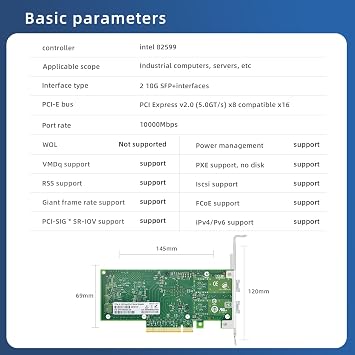 PCI-E X8 10G Dual SFP+ Port Fiber Optic Network Card, X520-DA2 with Intel 82599 Chip Ethernet Adapter Server E10G42BF Support Windows Server/Linux/VMware