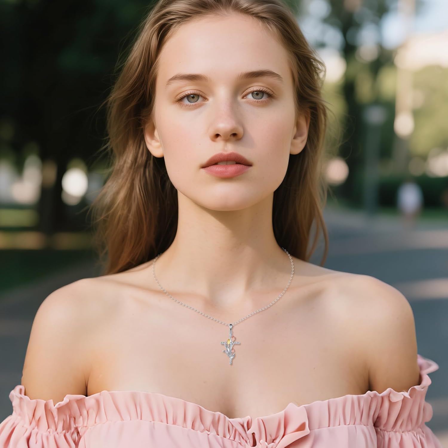 Flower Cross Necklace Sterling Silver Tulip Cross Pendant Flower Jewelry Gifts for Women - Image 2