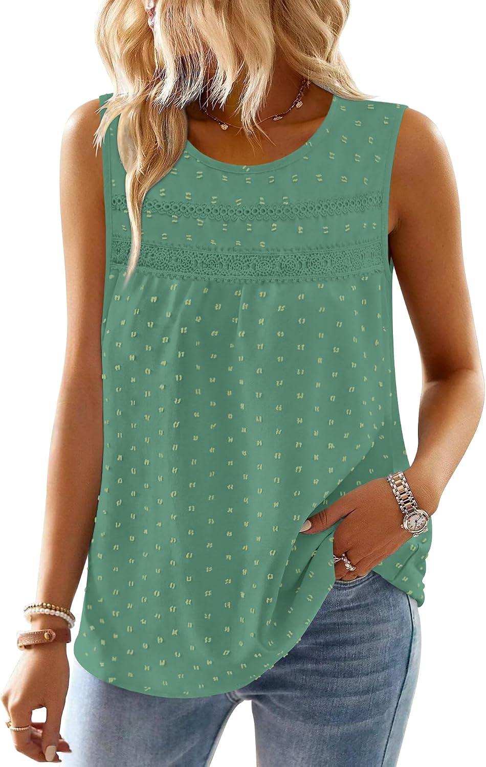 Magritta Women's Tops Sleeveless Blouses Dressy Casual Swiss Dot Smocked Shirts Spring Summer Fashion Lace Tunic Tops image 3