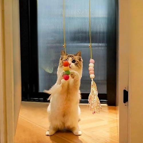 Miniatura 4 de GUCHO Juguetes para gatos de interior, juguetes de varita de gato arco iris, bola de felpa con volteos, juguete interactivo de pluma real para jugar