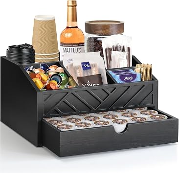 Coffee Bar Organizer with Drawer, Coffee Station Organizer for Countertop, Wood Coffee Bar Accessories Organizer for Coffee Bar Decor, Farmhouse Cup Pod Holder Condiment OrganizerBlack