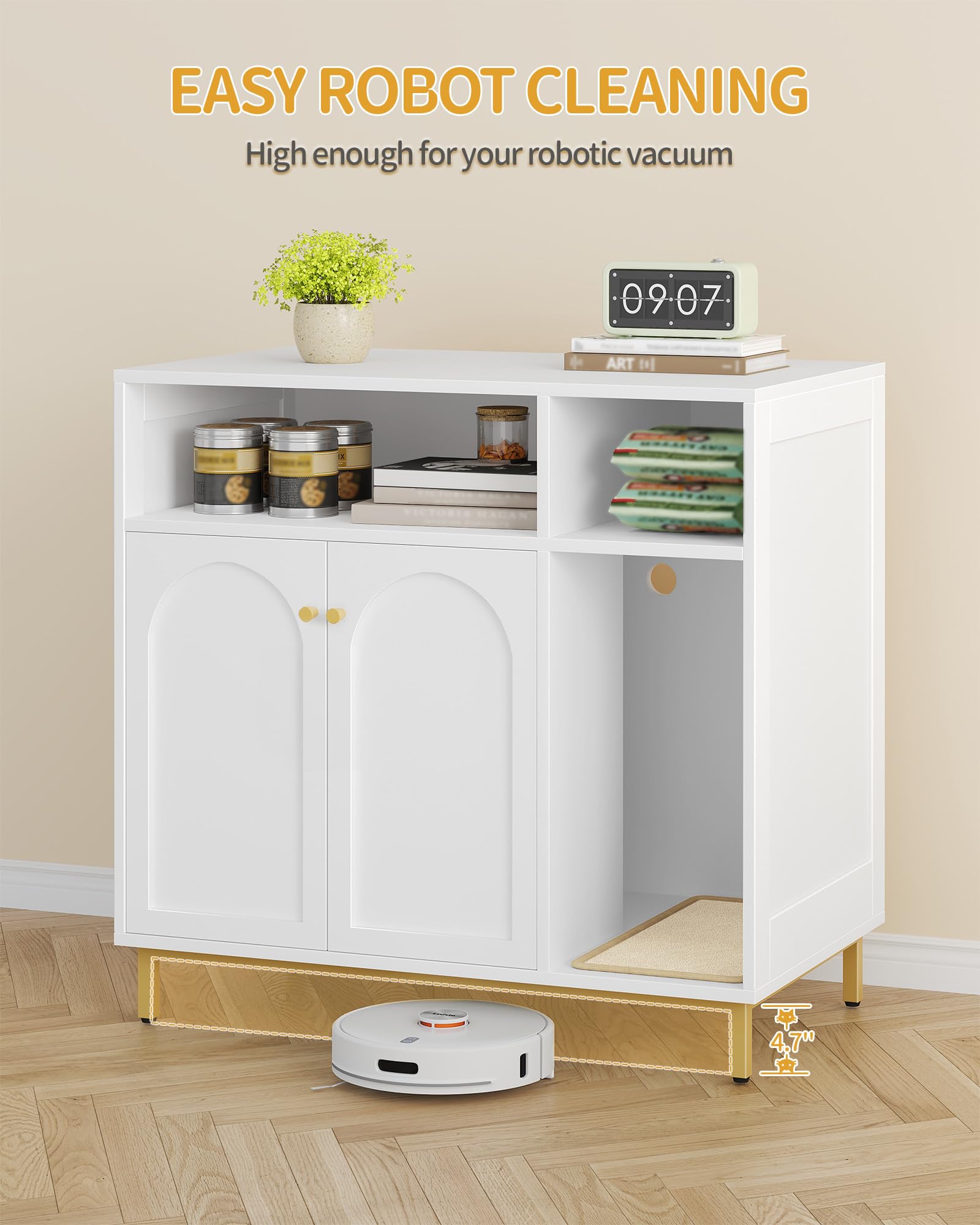 Cat Litter Box Furniture, Hidden Cat Litter Box Enclosure with Storage, Wooden Cats Cabinet with Scratch Pad, Cats House, Modern End Table for Living Room Entryway, White and Gold CB87603G - image 6