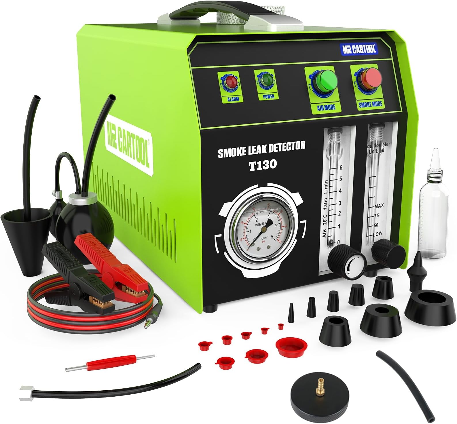 MR CARTOOL T130 Automotive EVAP Smoke Machine, Dual Mode 12V Car Fuel Pipe System Leak Tester Detector with Oil Level and Adjustable Flowmeter for All Vehicles.