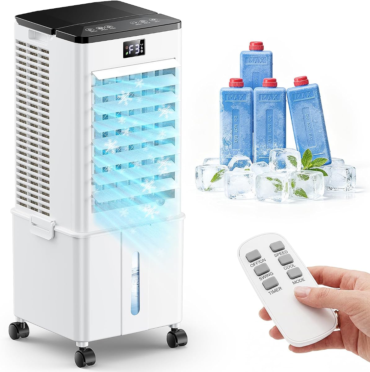 Klimaanlage Mobil 10L ohne Abluftschlauch, 60W Luftkühler 4-in-1 mit 12H Timer, 4 Modi, 120°Schwenkfunktion, Abnehmbarem Wassertank, Tragbares Klimagerät für Büro & Zuhause Schlafzimmer（Austernweiß）