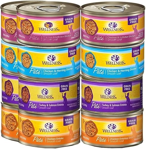 Wellness Natural Premium - Paté de comida húmeda enlatada sin granos para gatos, paquete variado de 12 latas, paquete de 4 sabores (pollo, langosta,
