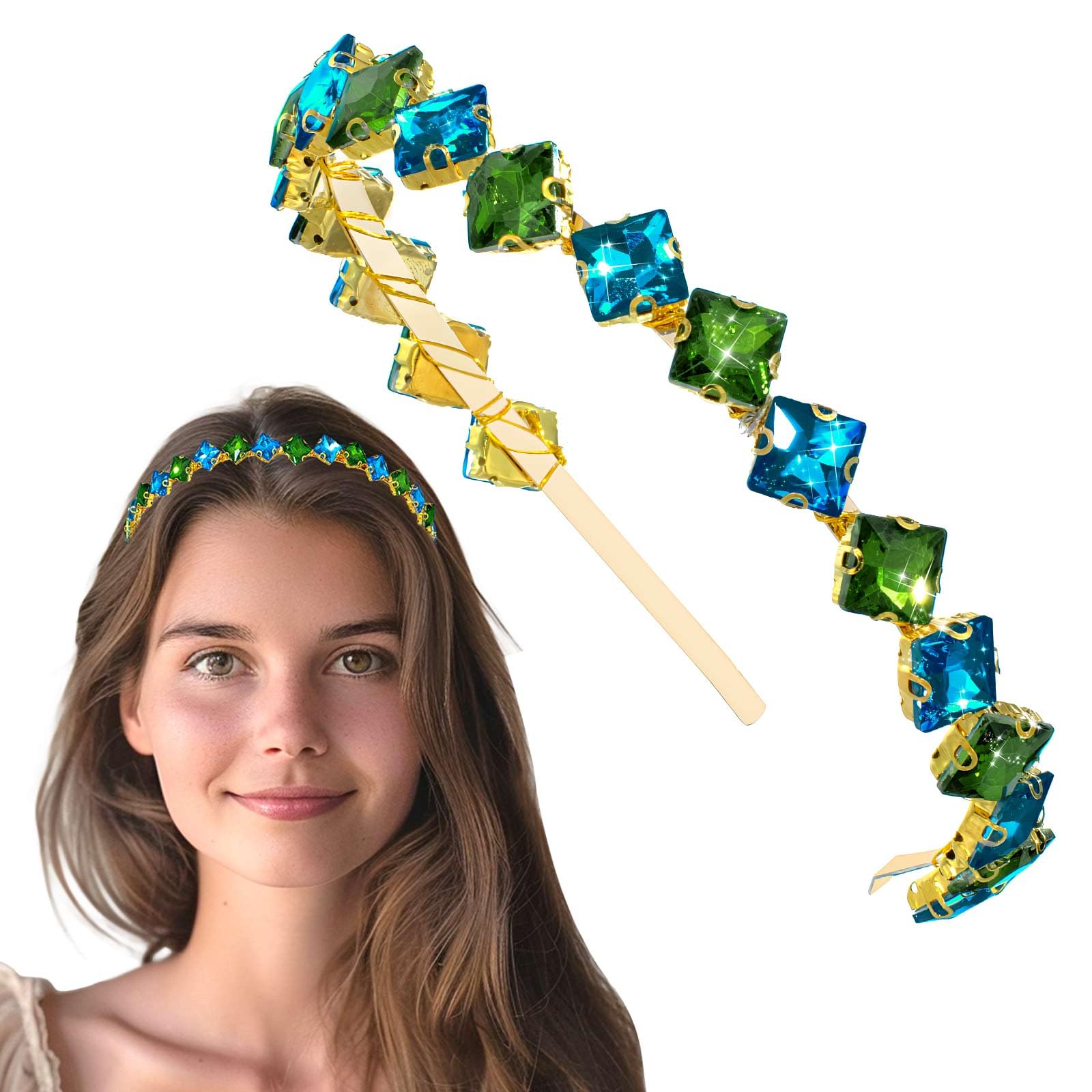 Rhinestone Headband Sparkling Gemstone Headwear Party Prom Hair Accessory for Women and Girls (green+blue)