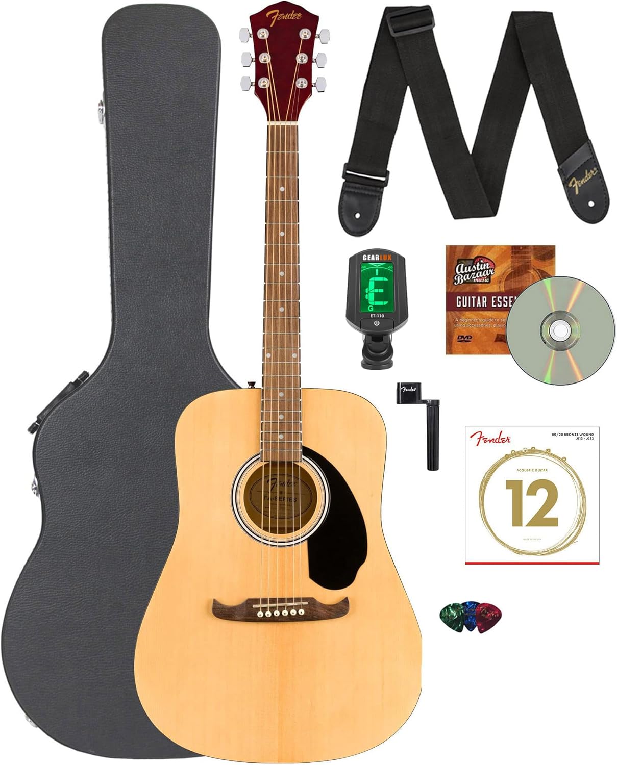 Fender FA-125 Dreadnought Guitar - Natural Bundle with Hard Case, Tuner, Strap, Strings, String Winder, Picks, and Austin Bazaar Instructional DVD