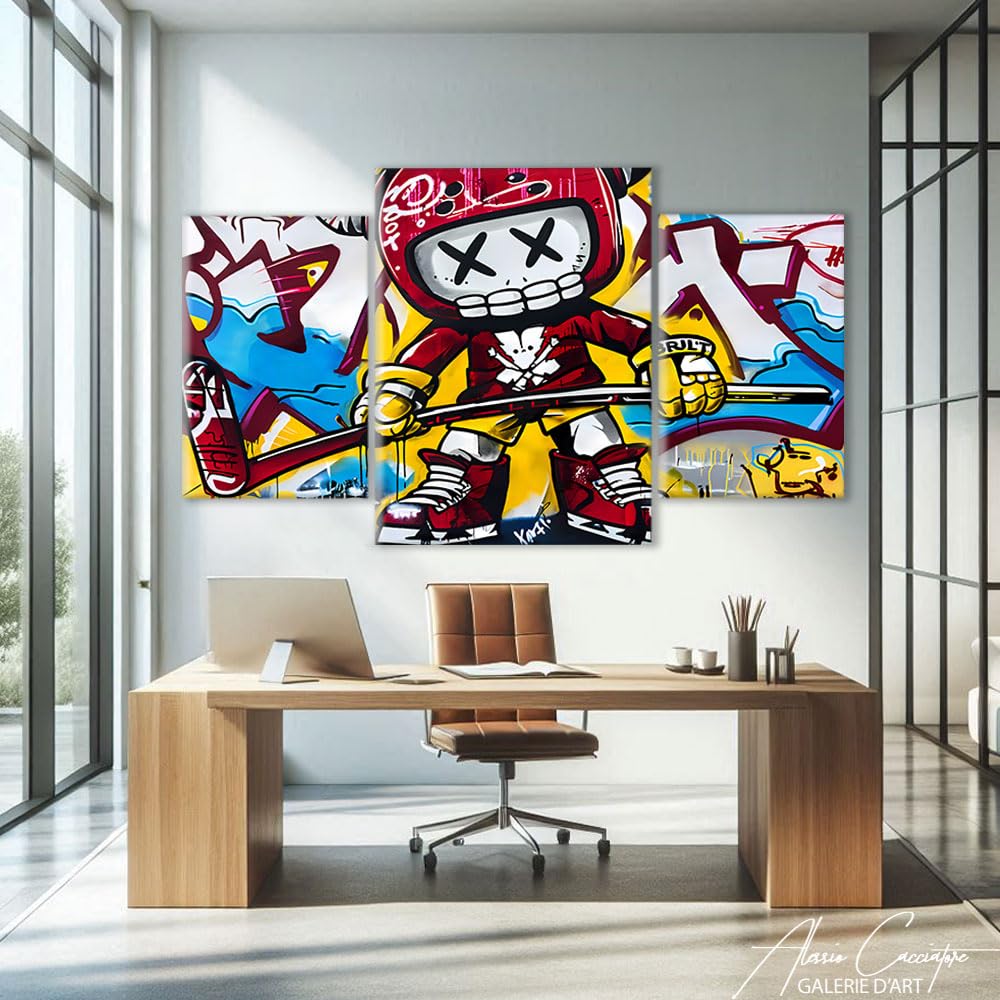 Quadro Street Art Xxl con cornice - Stampa su tela graffiti - Poster decorativo da parete per 3 - Quadro trittico da parete moderno, tela pop art grande formato (100 x 75 cm +2 x 80 x 60 cm)