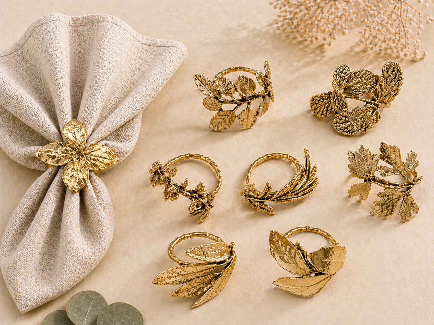 Kräuter-Serviettenringe – Vintage-Blatt-Serviettenring Set von 8 Stück für jeden Anlass – ideal für Thanksgiving, Weihnachten, Hochzeit, Herbst, Party, Feiern