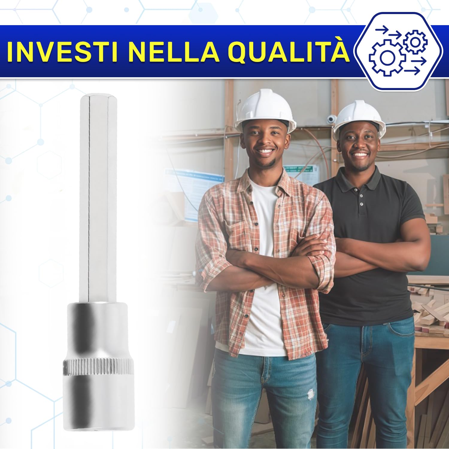 Chiave a Bussola con Inserto Esagonale 7 mm x 100 mm per Aree Difficilida - Chiavi Bussola 1/2" - Realizzata in Acciaio Cromo Vanadio - MONTERAL