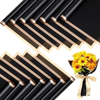 Yahenda 420 Sheets Black Flower Wrapping Papers23" x 23" Black Flower Bouquets with Gold Edge Korean Style Wrapping Paper for DIY Gifts Craft Floral Supplies Packaging