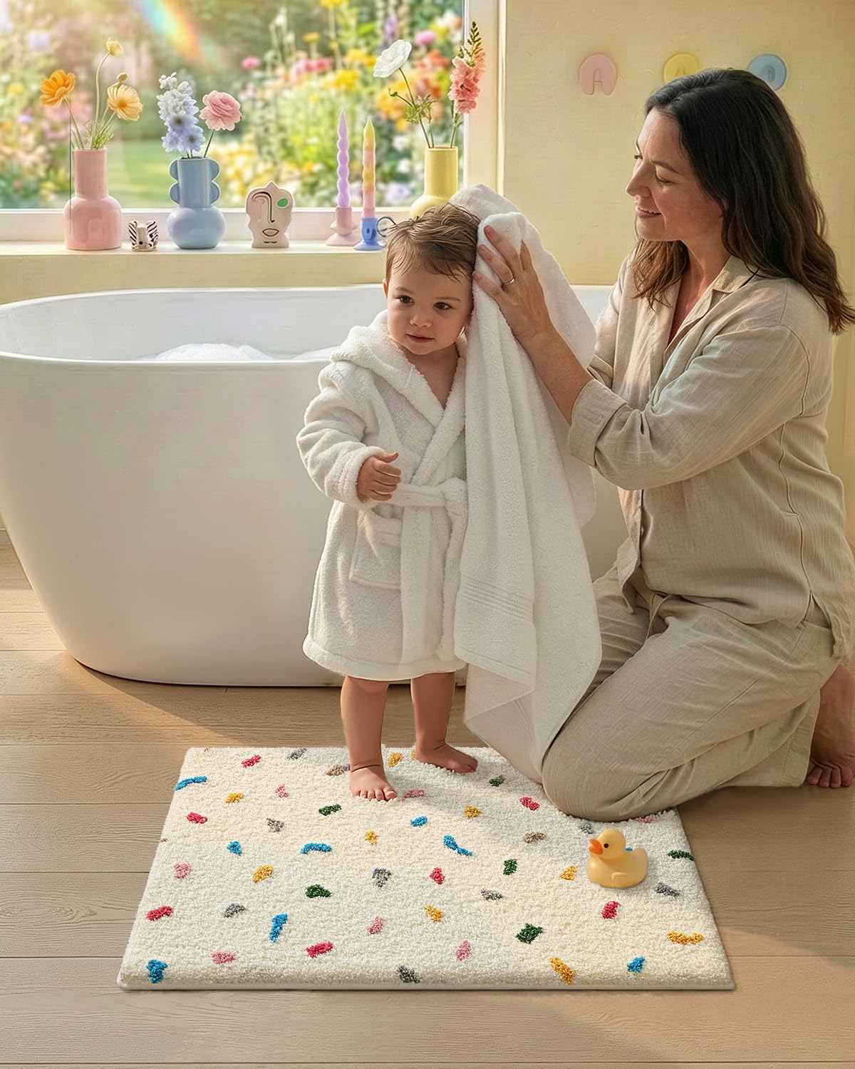 Color&Geometry Ultra Soft Bathroom Rugs Non Slip with Rubber Backing, Absorbent Washable Bath Mat Quick Dry, Upgraded Premium Microfiber Plush Carpet for Bathtub and Shower Floor,Ivory White,20x32