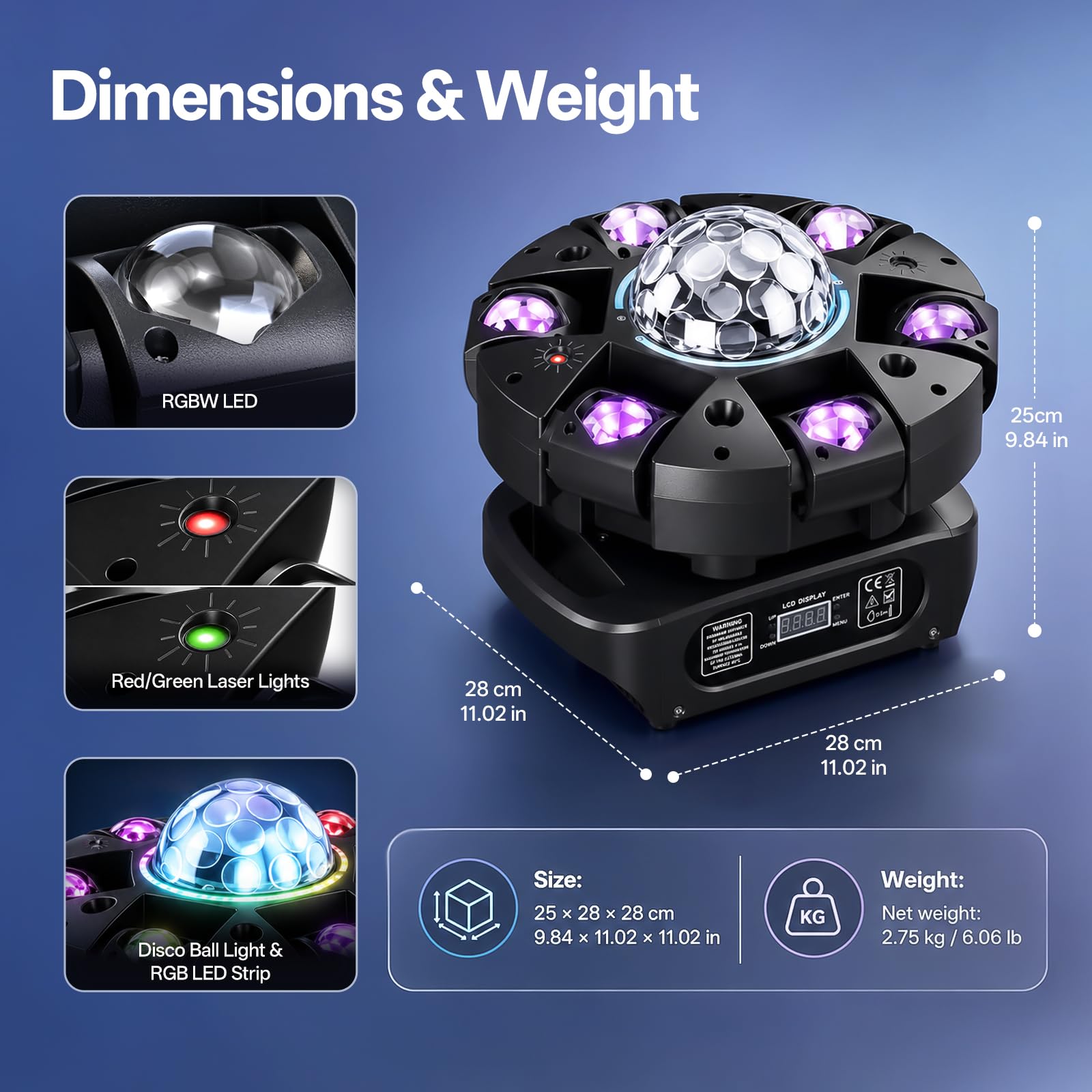 Lyre LED 150W RGBW Lampe de scène avec Télécommande et Boule Disco, 25CH Jeux de Lumière pour Bar, Club, Discothèque, Fête à la maison, Piste de danse