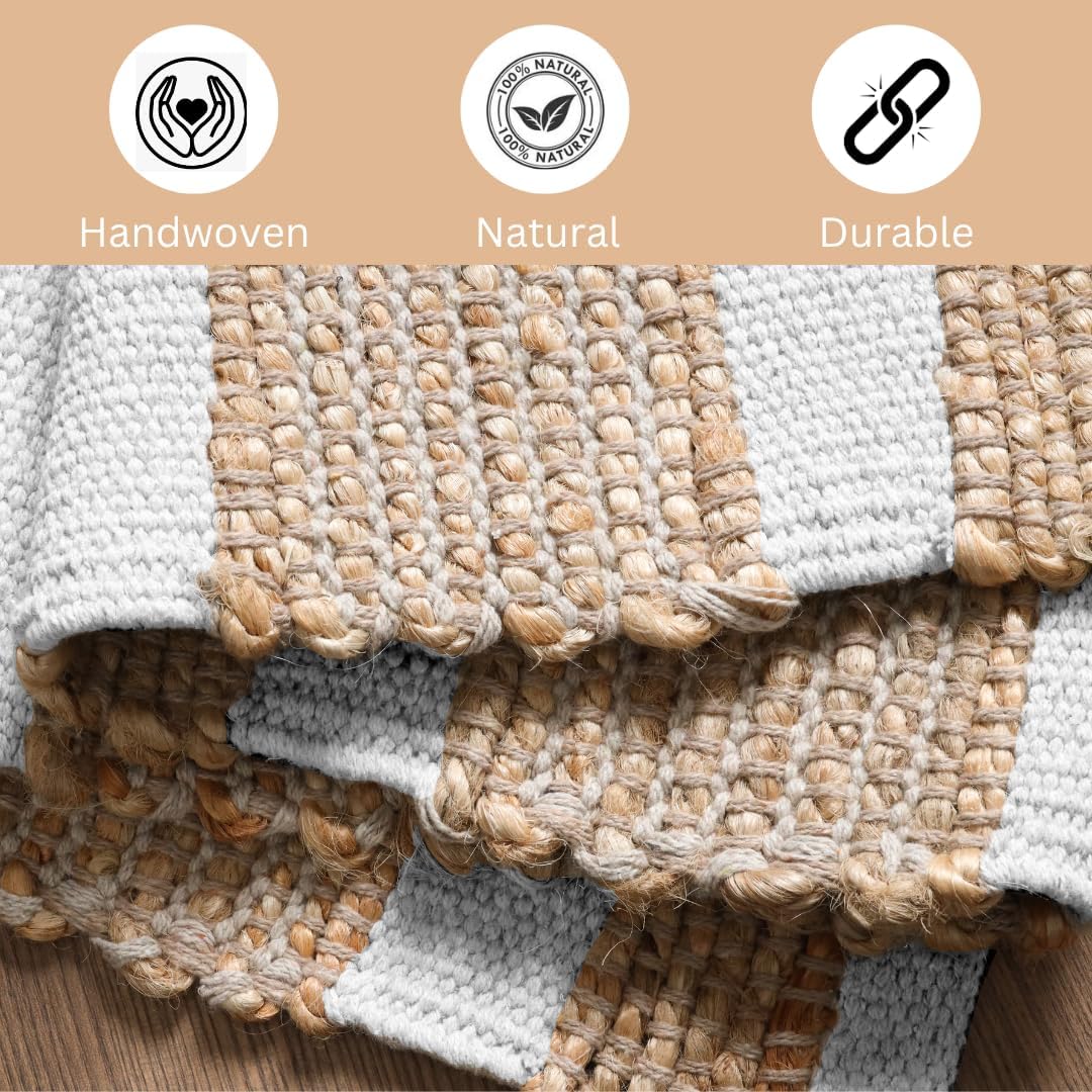 Area Rug Farmhouse 3x5 Feet - Hand Woven Jute Cotton Rug Bohemian Rustic Vintage - Non Slip Floor Rug for Bedroom Living Room Kitchen Dorm Entryway Hallway - Area Rug Natural White