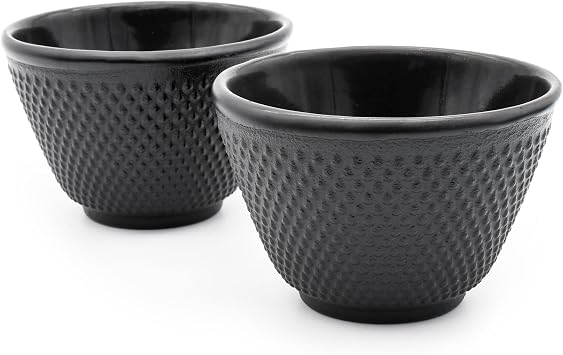 Zen Minded Traditional Japanese Cast Iron Tea Cup Pair 120ml Hobnail Pattern - Black