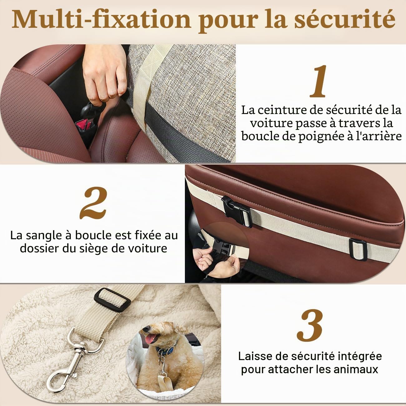 Pawaboo Siège d'Auto pour Petit Chien, Siège de Voiture pour Chiens avec Boucle de Fixation et Laisse de Sécurité, Sac de Transport de Voiture Rembourré pour Animal jusqu'à 25 Livres, Brun + Beige