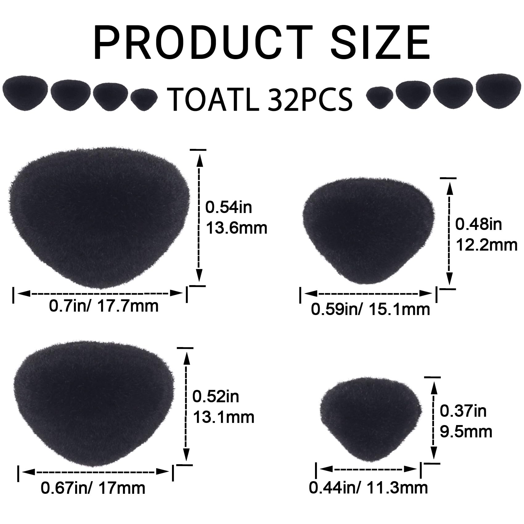 Winsyison 32pcs Craft Noses with Washers for Amigurumi, Plastic Doll Crochet Noses, Mix Sizes Flocking Toy Parts Accessories for Puppet- Black