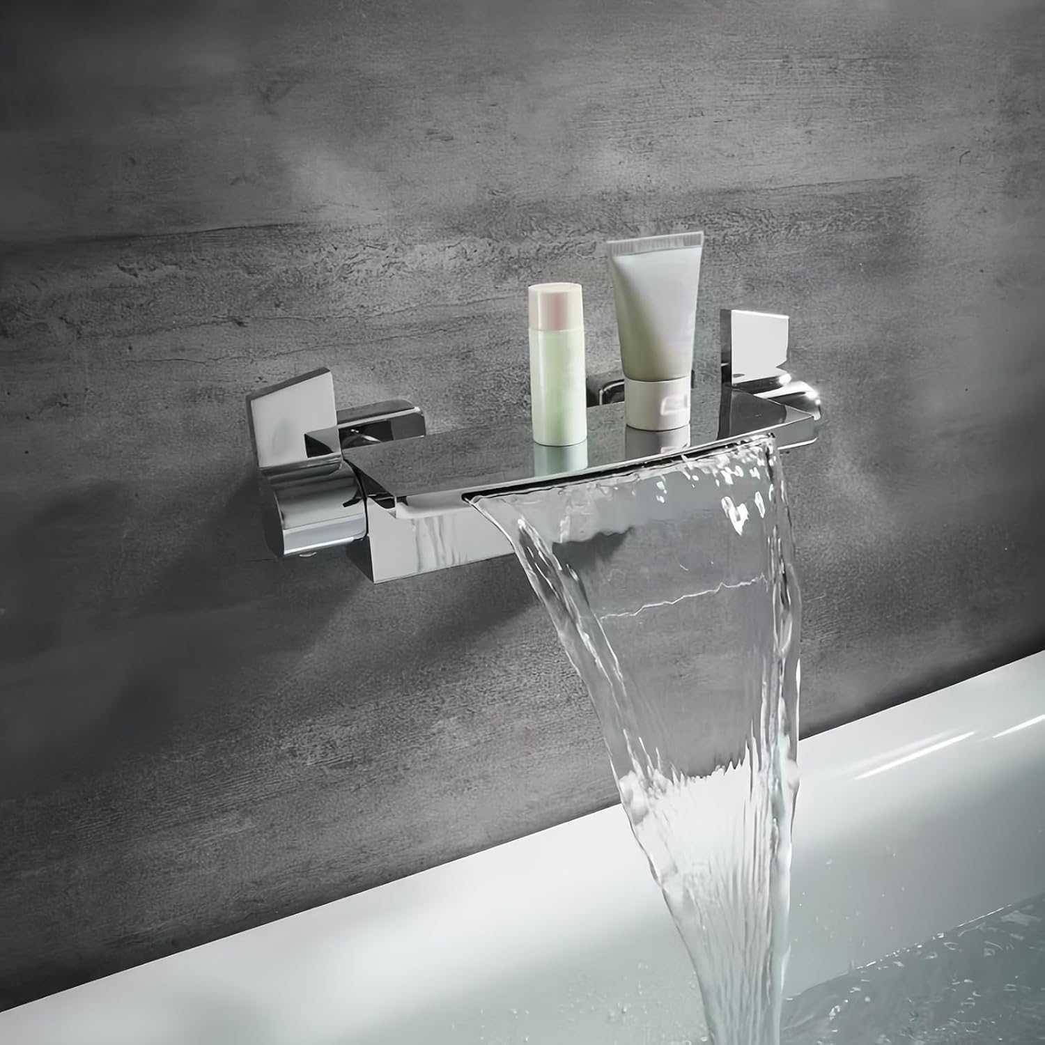 滝型浴槽用蛇口 壁掛け式真鍮製ダブルハンドル 温水・冷水混合浴室用蛇口 (シルバー) (ゴールデン)