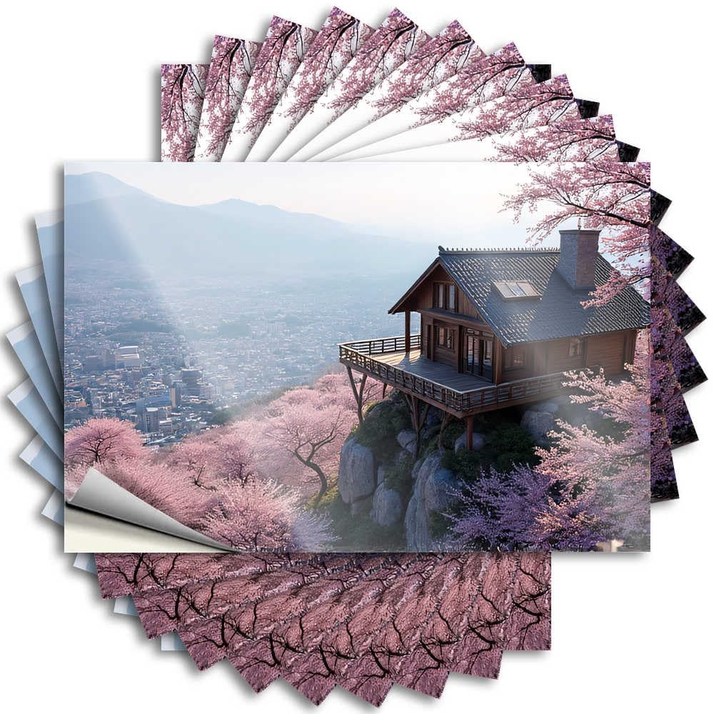 Cherry Blossom Cabin Overlooking Cityscape Bath Sets Gamers DIY | Sweet Decal Bottle Removable Vinyl Sticker Decal(12X18CM)