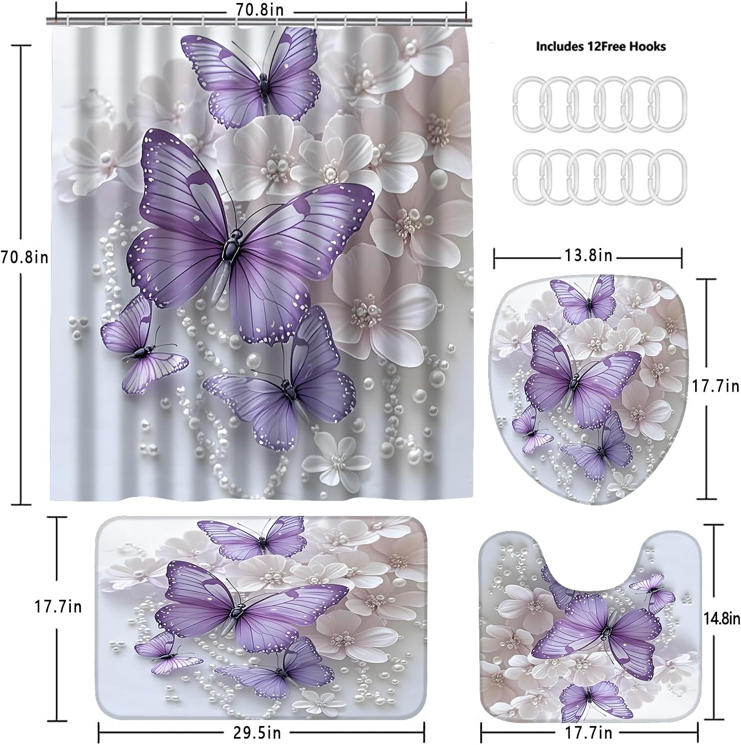 ZLQQ 4Pcs Butterfly Shower Curtain Sets with Rugs Butterfly Pearl Bathroom Set with Non-Slip Rugs Toilet Lid Cover and Bath Mat Vintage Shower Curtain with 12 Hooks, Durable Bathroom Decor Set