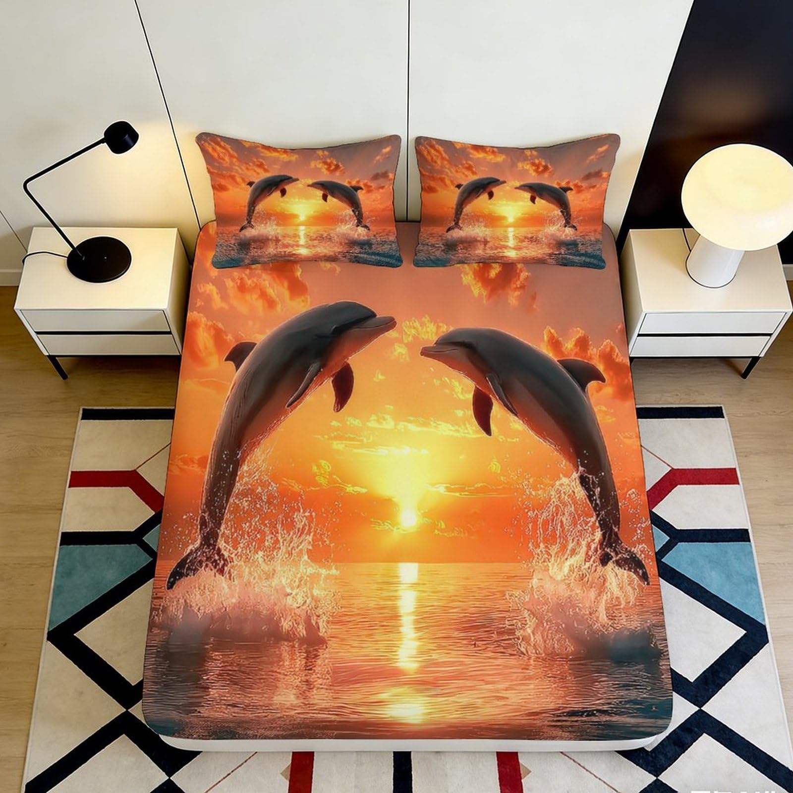 3D Printed Dolphin Sunset Fitted Sheet Microfiber Deep Pocket Non-Slip Bedroom Bedding Dolphin Sunset Mattress Fitted Cover Washable Home 180x200x25cm