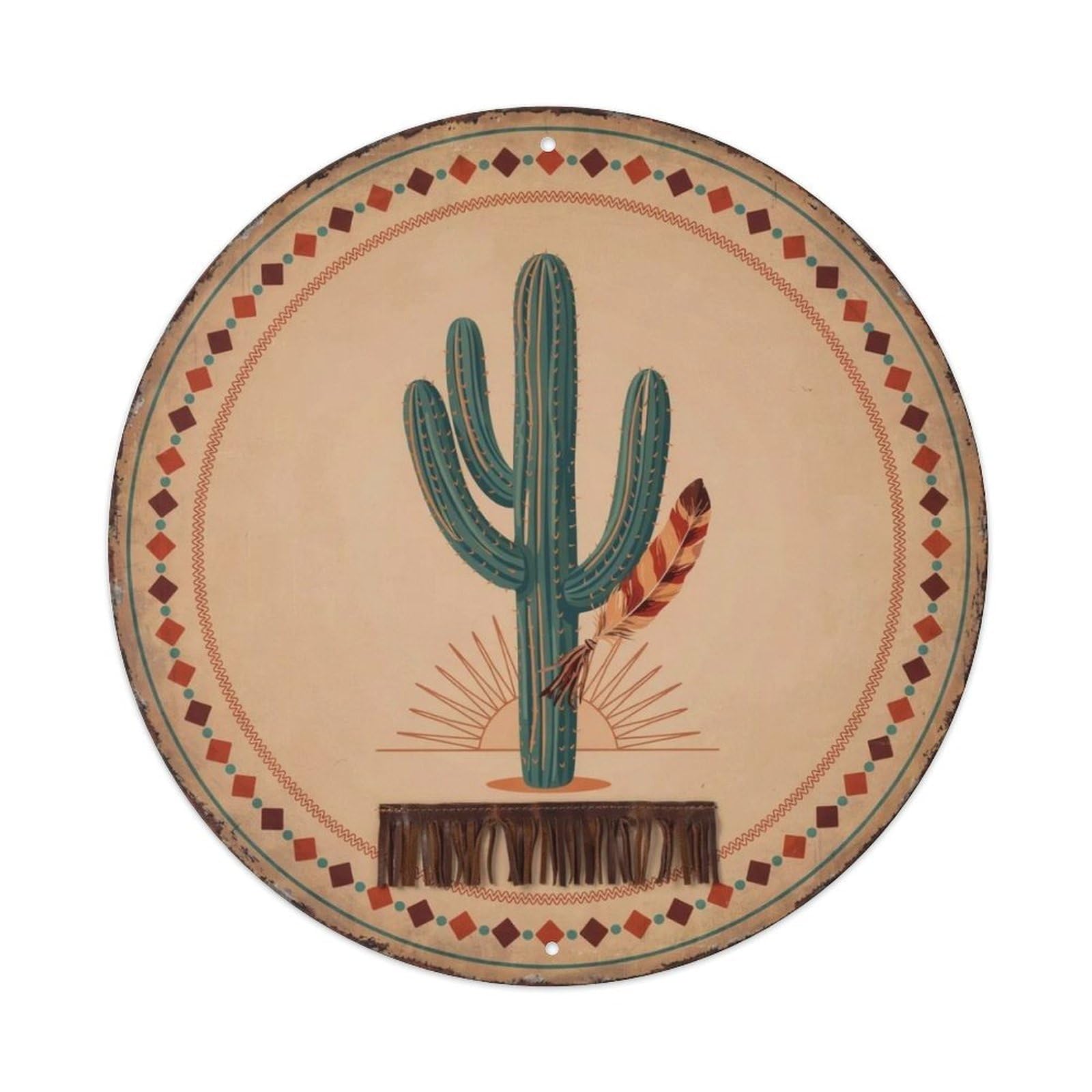 Southwestern Desert Cactus Feather Round Metal Tin Sign Plaque